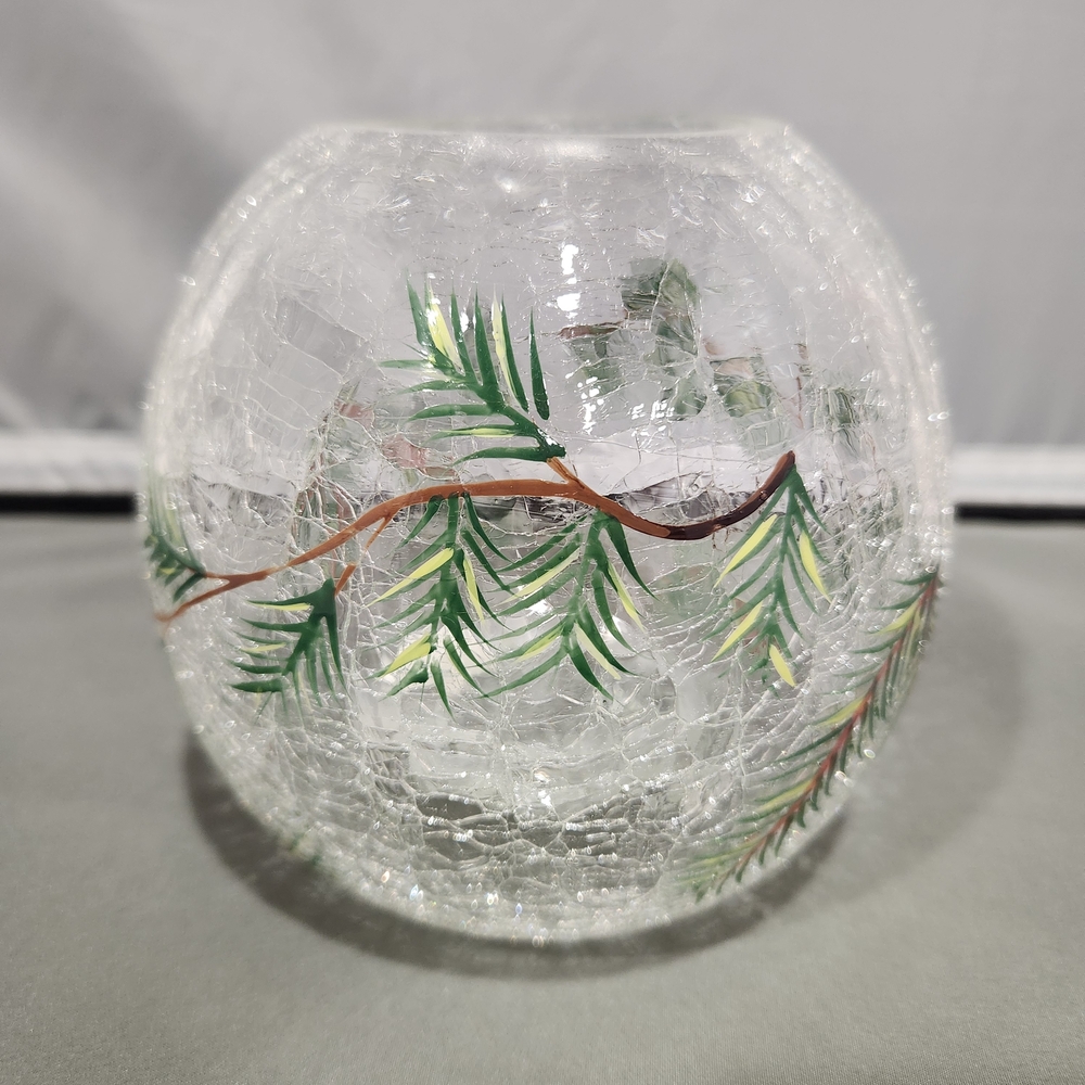 Crackle Glass Candle Holder with Pine Design Holiday
